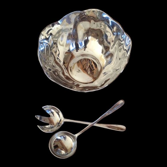 Large Vintage Mexican Pewter Salad Serving Bowl Set NEW in original Box Unused - Picture 2 of 16